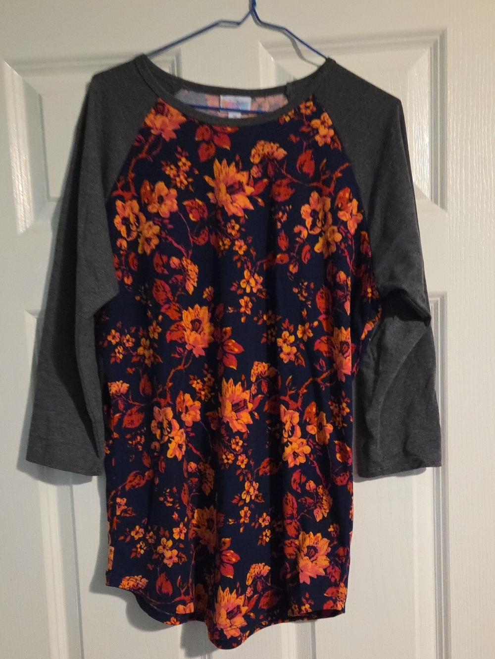 Navy Floral Raglan Sleeve Top with Charcoal Sleeves